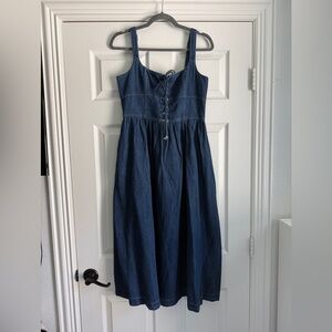 Denim Lace-Up Midi Dress - Dark Blue